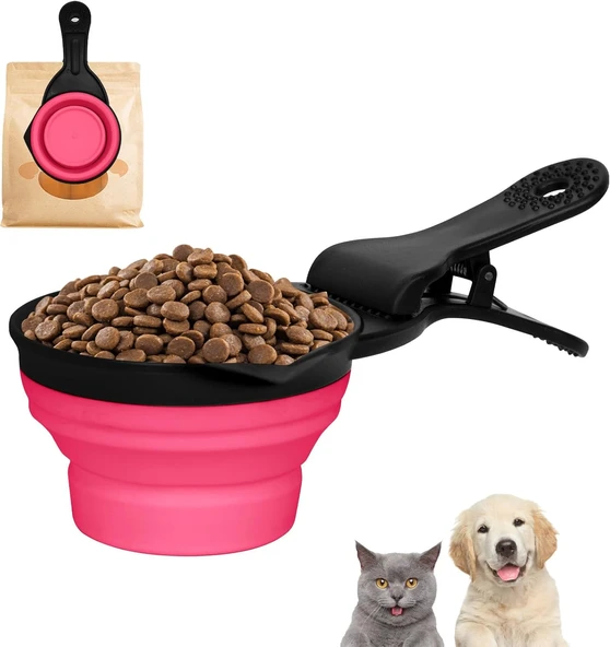 Katlanabilir Evcil Hayvan Mama Kaşığı Torba Klipsi Ölçü Kabı - Pembe - 1 Cup (237ml)