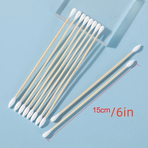Çift Uçlu Pamuklu Kulak Çubuğu - 100 Adet - 15 cm - Bambudan Saplı - 2