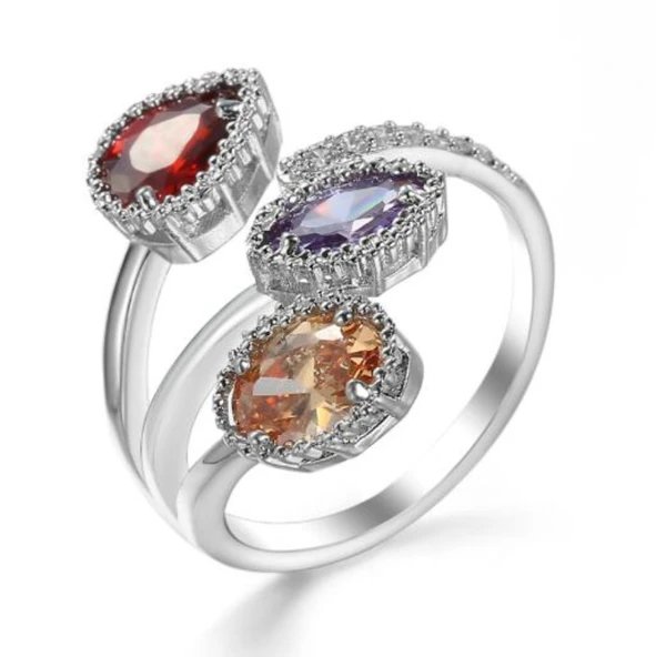 Açık Ayarlanabilir Yüzük - Turuncu - London Mavi Topaz, Siyah Oniks, Granat, Beyaz Topaz