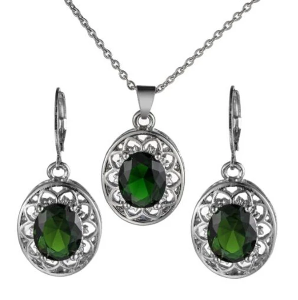 Oval Yeşil Kuvars Kırmızı Kunzite Taşlı Gümüş Takı Seti - Yeşil