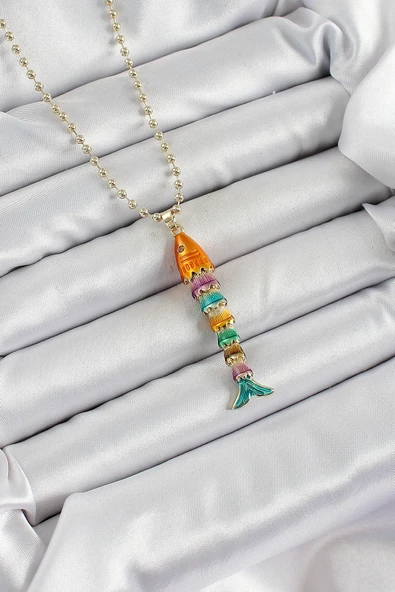 Pirinç Rainbow Balık Model Zirkon Taşlı Gold Renk Kadın Kolye - TJ-BKO10243