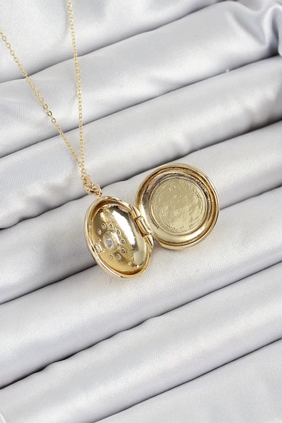 316L Çelik Zincir Açılabilir Madalyon Model Zirkon Taşlı Gold Renk Kadın Kolye - TJ-BKO10240 - 2