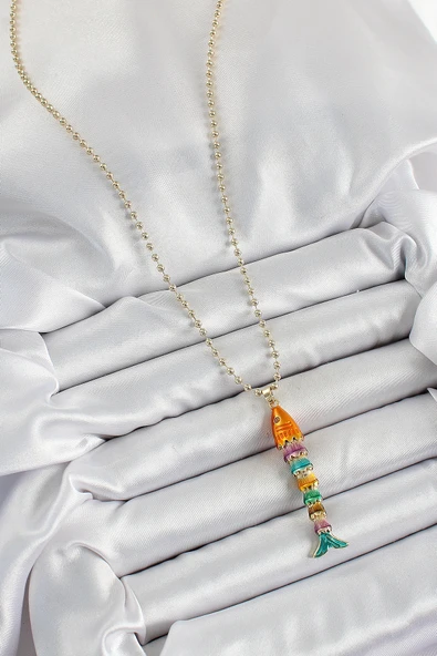 Pirinç Rainbow Balık Model Zirkon Taşlı Gold Renk Kadın Kolye - TJ-BKO10243 - 2