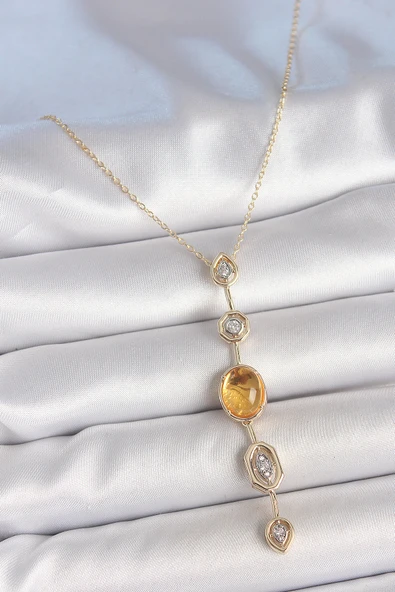 Pirinç Zincir Kehribar Sarı Gold Renk  Zirkon Taşlı Y Kolye - TJ-BKO10230