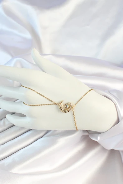 316L Çelik Gold Renk Zincirli Zirkon Taşlı Ay Figürlü Şahmeran - TJ-SN651