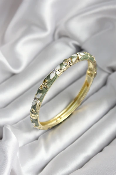 Mineli Pirinç Yeşil Çiçek Desenli Zirkon Taşlı Gold Renk Kadın Kelepçe (çap 60 mm) - TJ-BB6987