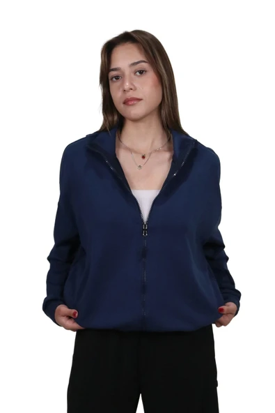 Kadın Modal Kumaş Dik Yaka Rahat Kalıp Lacivert Ceket Hırka - 4