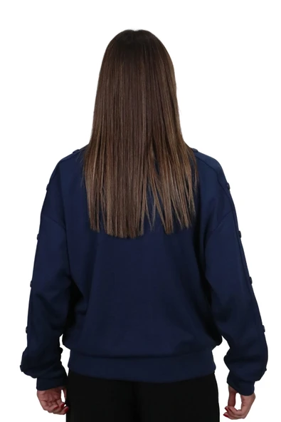 Kadın Modal Kumaş Dik Yaka Rahat Kalıp Lacivert Ceket Hırka - 6