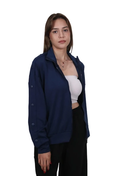 Kadın Modal Kumaş Dik Yaka Rahat Kalıp Lacivert Ceket Hırka - 2