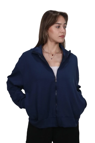 Kadın Modal Kumaş Dik Yaka Rahat Kalıp Lacivert Ceket Hırka