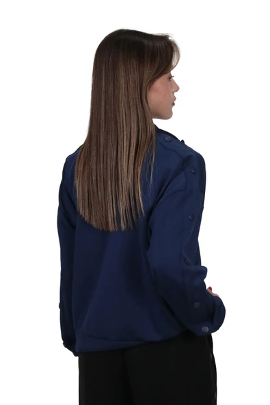 Kadın Modal Kumaş Dik Yaka Rahat Kalıp Lacivert Ceket Hırka - 5