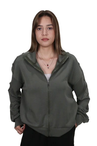 Kadın Modal Kumaş Dik Yaka Rahat Kalıp Haki Ceket Hırka - 3