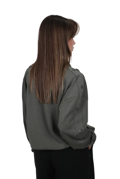 Kadın Modal Kumaş Dik Yaka Rahat Kalıp Haki Ceket Hırka - 5