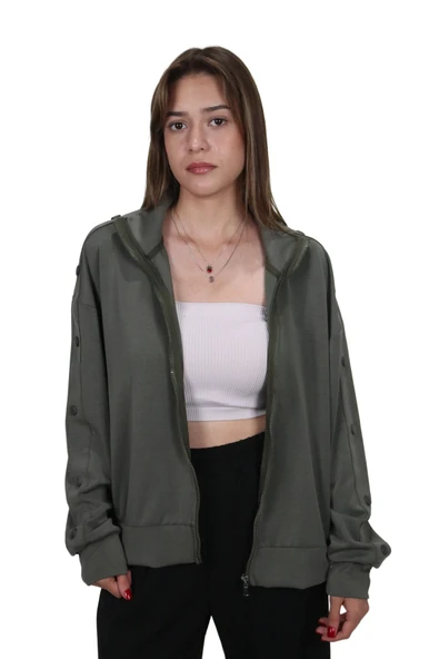 Kadın Modal Kumaş Dik Yaka Rahat Kalıp Haki Ceket Hırka - 4