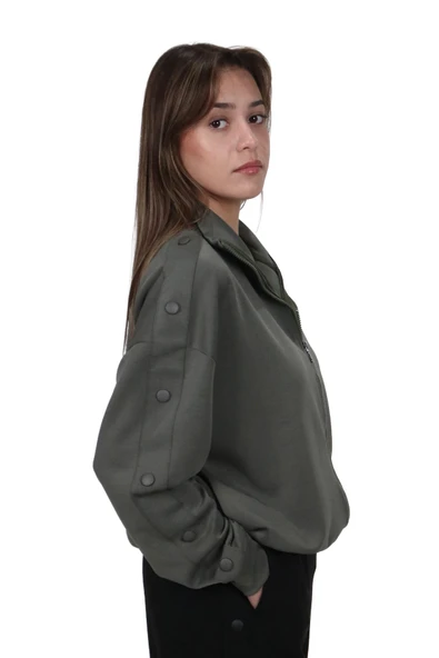 Kadın Modal Kumaş Dik Yaka Rahat Kalıp Haki Ceket Hırka - 2