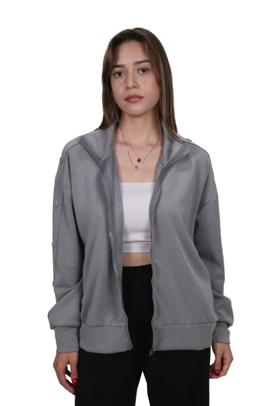 Kadın Modal Kumaş Dik Yaka Rahat Kalıp Gri Ceket Hırka - 4