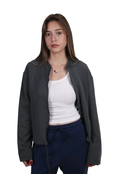 Kadın Modal Kumaş Bel Bağcıklı Antrasit Ceket Hırka - 4