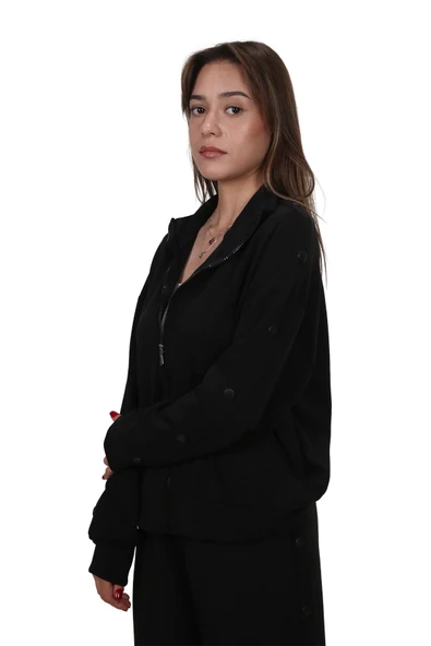 Kadın Modal Kumaş Dik Yaka Rahat Kalıp Siyah Ceket Hırka - 3