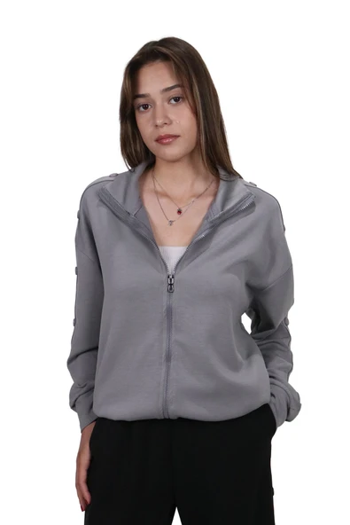 Kadın Modal Kumaş Dik Yaka Rahat Kalıp Gri Ceket Hırka