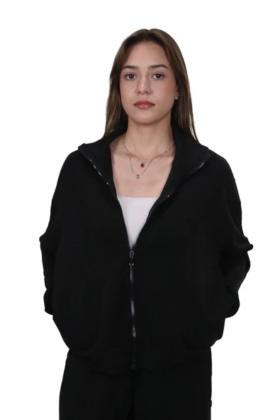 Kadın Modal Kumaş Dik Yaka Rahat Kalıp Siyah Ceket Hırka - 4