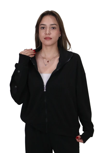 Kadın Modal Kumaş Dik Yaka Rahat Kalıp Siyah Ceket Hırka