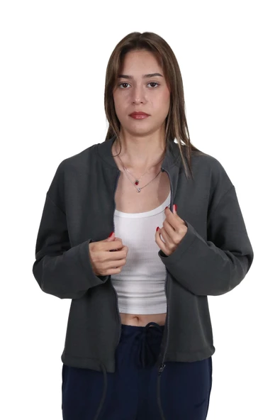 Kadın Modal Kumaş Bel Bağcıklı Antrasit Ceket Hırka - 5