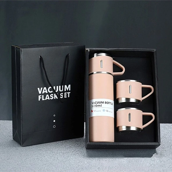 Verahed Paslanmaz Çelik Termos 500 ML Mavi 3 Bardaklı Termos Seti