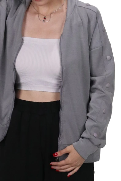 Kadın Modal Kumaş Dik Yaka Rahat Kalıp Gri Ceket Hırka - 3