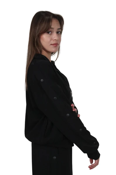 Kadın Modal Kumaş Dik Yaka Rahat Kalıp Siyah Ceket Hırka - 2