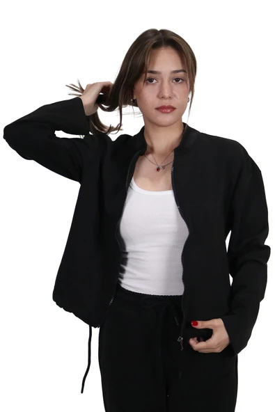 Kadın Modal Kumaş Bel Bağcıklı Siyah Ceket Hırka - 5