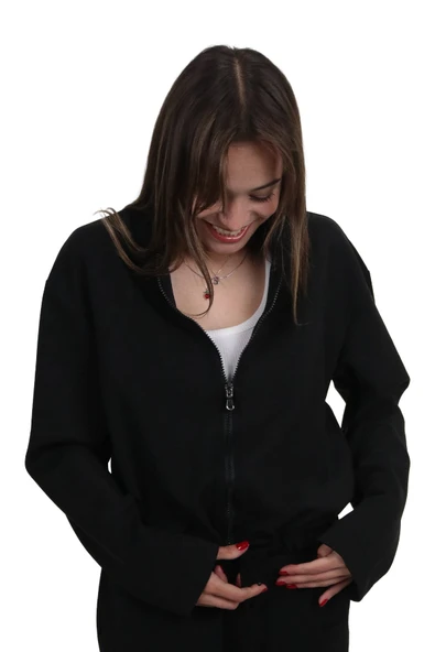 Kadın Modal Kumaş Bel Bağcıklı Siyah Ceket Hırka