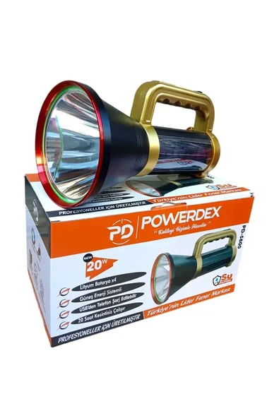 Powerdex PD-5800 20W Şarjlı ve Güneş Enerjili El Feneri