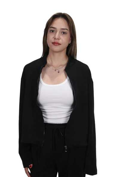 Kadın Modal Kumaş Bel Bağcıklı Siyah Ceket Hırka - 6