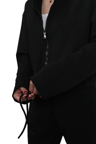 Kadın Modal Kumaş Bel Bağcıklı Siyah Ceket Hırka - 3