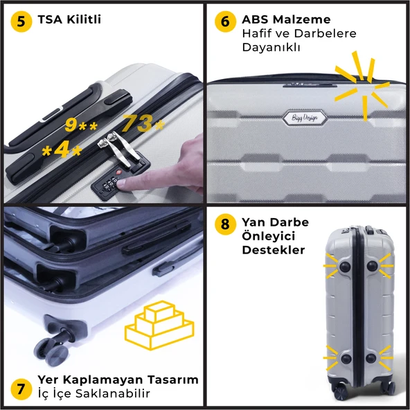 Biggdesign Moods Up 3'lü Valiz Seti, TSA Kilitli, ABS Gövde, Gümüş - 5