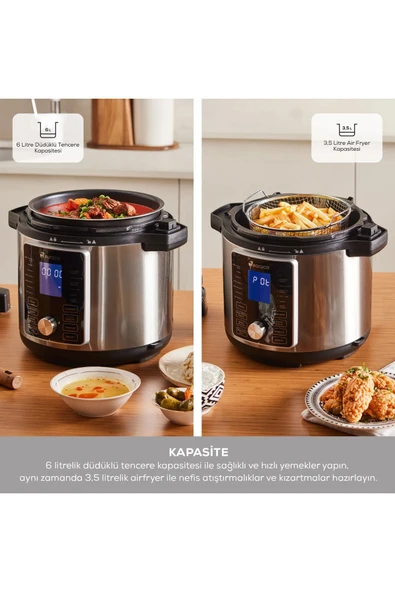 Karaca Yoğurt hazırla 2 in 1 6L Çok Amaçlı Basınçlı Pişirici Akıllı Elektrikli Düdüklü Tencere ve Airfryer - 5