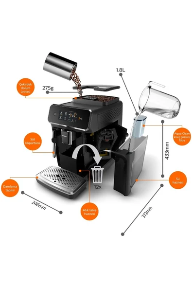 Philips 2000Seri Dokunmatik Ekranlı Tam Otomatik Espresso Makinası Zamanlayıcı, AquaClean Özellikli - 3