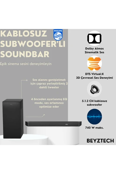 Philips Premium 5.1.2CH Kablosuz Subwoofer DTS Virtual:X Dolby Atmos Sinematik Ses 2 Dahili Tweeter