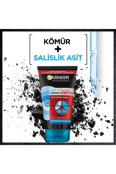 Garnier Saf & Temiz Siyah Nokta Karşıtı Kömürlü 3'ü 1 Arada Peeling Maske 150 Ml