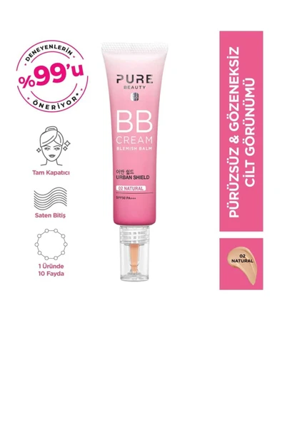 PURE BEAUTY BB Krem Spf50 Paraben alkol içermez ve güneş kremi Natural 30 ml Pinkrain
