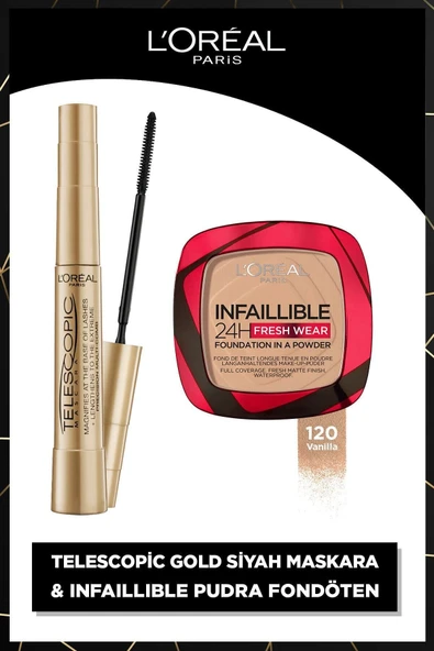 L'Oreal Paris 120 VANİLLA INFAİLLİBLE 24H FRESH WEAR POWDER FOUNDATİON & TELESCOPİC GOLD BLACK MASCRA5