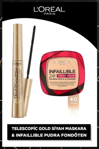 L'Oreal Paris Telescopic Gold Black Mascara & Infaillible 24h Fresh Wear Powder Foundation 40 Cashmere