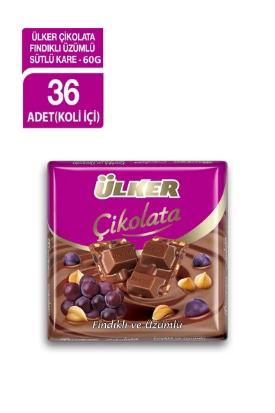 Ülker Üzümlü Fındıklı Sütlü Kare Çikolata 60 gr 36'lı