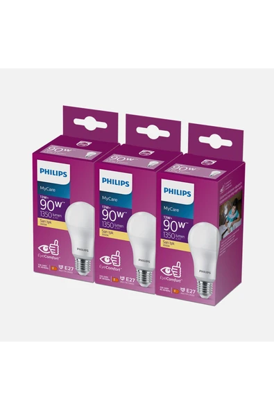Philips Essential 13-90 W Sarı Klasik E27 Duy 3'lü Led Ampul