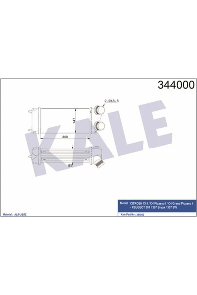 Kale 344000 OTO Radyatör  Turbo Radyatörü 307 00- 1.6 HDI / C4 04- 1.6 HDI C4 Picasso 06- 300X147X85
