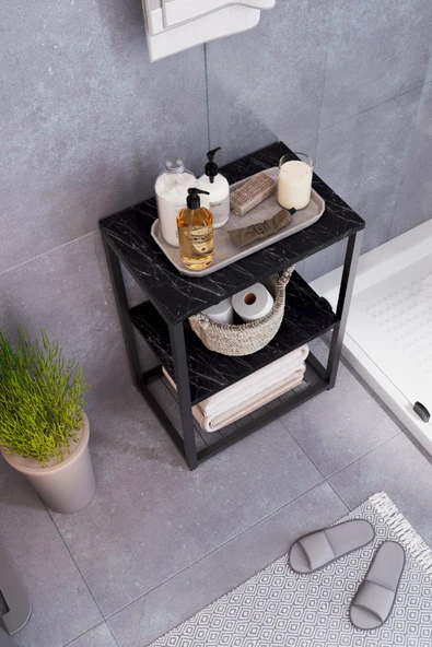 interGO Metal Ayaklı ve Ahşap Raflı Dekoratif Banyo Rafı - 4