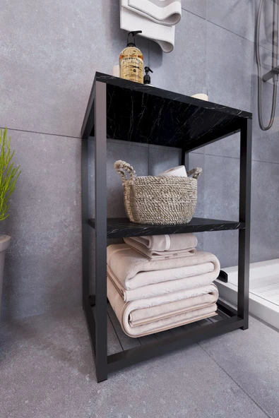 interGO Metal Ayaklı ve Ahşap Raflı Dekoratif Banyo Rafı - 6