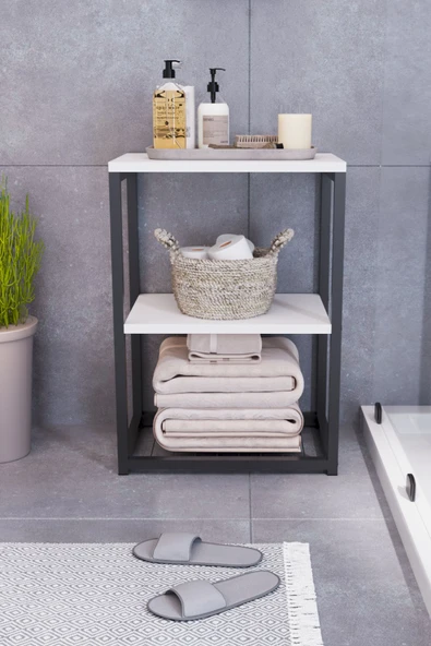 interGO Metal Ayaklı ve Ahşap Raflı Dekoratif Banyo Rafı - 2