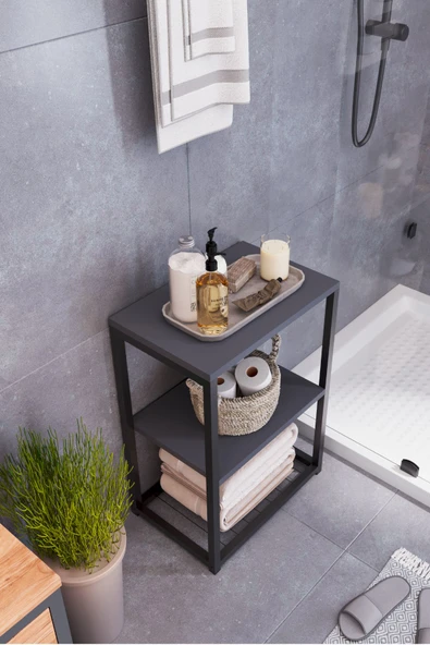 interGO Metal Ayaklı ve Ahşap Raflı Dekoratif Banyo Rafı - 7