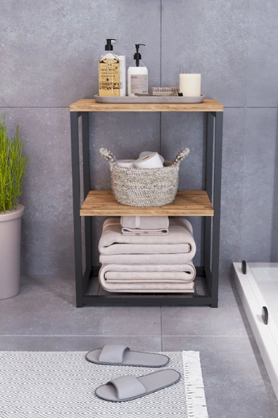 interGO Metal Ayaklı ve Ahşap Raflı Dekoratif Banyo Rafı - 2